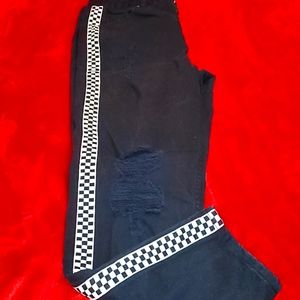 Distressed Black Jeans w/ checkered racing stripes
